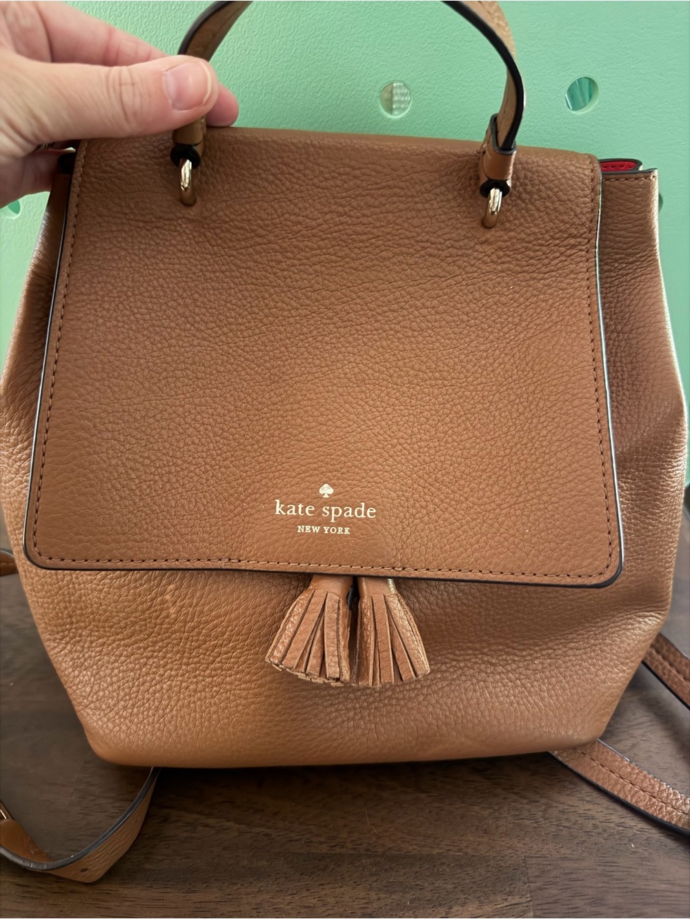kate spade Tan Pebbled Leather Backpack with Tassel